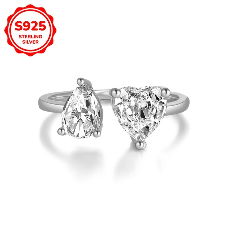 925 Sterling Silver Inlaid Synthetic Zirconia Heart-Shaped Open Ring